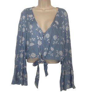 American Rag Womens Blue Floral TieFront Bell Sleeve Blouse XXL Boho Cottagecore